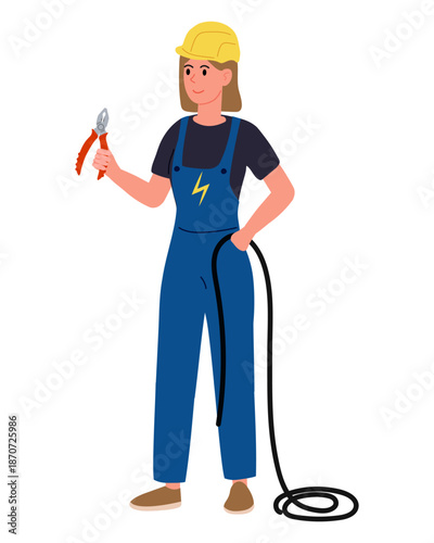 Electrician woman with pliers and wire in her hands. Specialist in blue overalls and yellow helmet. Electrician Professional.