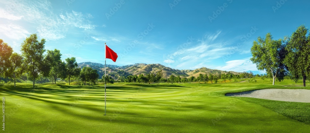 Fototapeta premium The golf course with a red flag on a sunlit manicured putting green