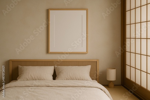 Minimalist Japanese bedroom interior with wooden bed, shoji window and empty frame mockup.