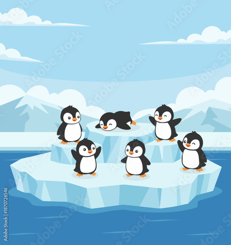 Cute Cartoon Penguins Group on Floating Iceberg Illustration