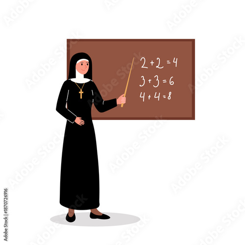 Church school. Nun teacher stands at board with simple arithmetic problems. Woman dressed as nun teaches younger students.