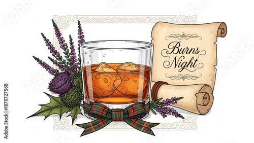 Whiskey glass with ice and heather flowers on a plaid ribbon next to a burns night parchment scroll