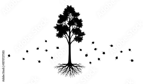 Tree silhouette with exposed roots and scattered fallen leaves vector on white