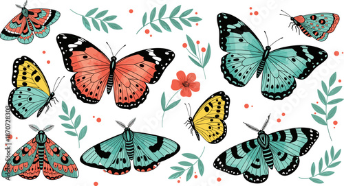 Butterfly and moth illustration set, colorful insect vector, floral and leaf background, nature-inspired decorative design, vibrant wing patterns, garden art