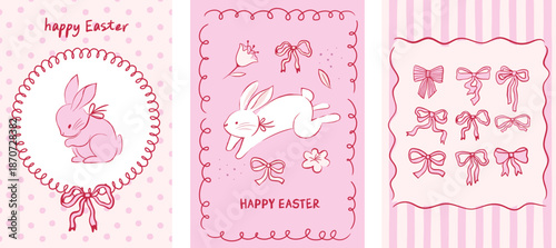Girly retro Easter vertical banners with rabbits and pink spring flowers. Vintage hand-drawn design.