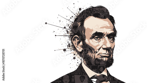 Принти на полотні Stylized portrait illustration of Abraham Lincoln with a textured, ink-splatter effect on a white background