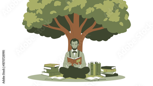 Fotografía Illustration of Abraham Lincoln sitting cross-legged under a large tree, engrossed in reading a book surrounded by stacks of literature