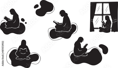 Silhouette of woman reading with cat and window views