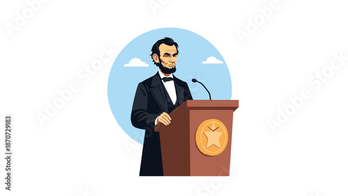 Obraz na plátně Illustration of a historical figure giving a speech at a podium with a star emblem