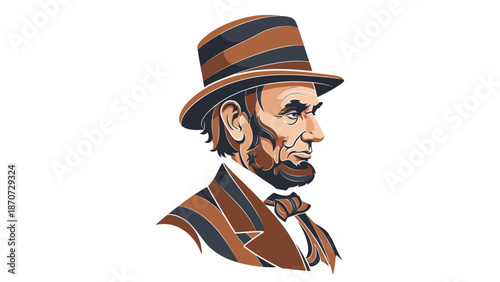 Illustration of a historical man wearing a hat and suit with a bow tie.