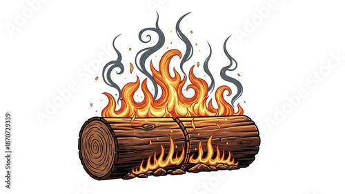 Vibrant illustration of a burning log with bright orange flames and smoke rising against a white background
