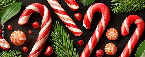 Obraz  z motywem Bright Christmas background with candy canes, citrus fruits, and fir branches for festive scenes