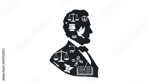Silhouette of Abraham Lincoln with symbols representing justice, peace, education, and freedom.