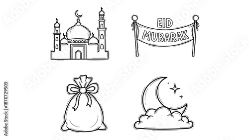 Hand Drawn Doodle Islamic and Eid Mubarak Icon Set