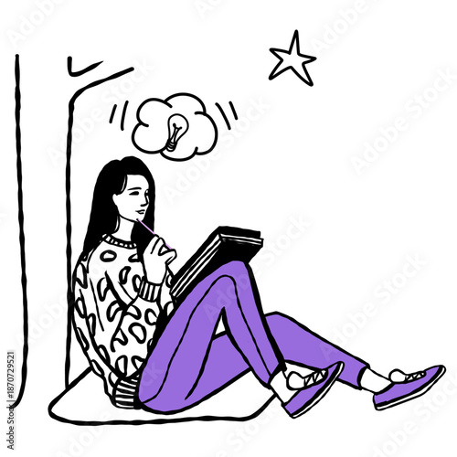 Creative young woman siting under tree, imagining. Artist or designer with sketchbook and pencil. Woman with fashionable look