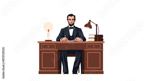 Illustration of a man in a suit sitting at a wooden desk with a lamp and a light bulb.