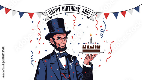 Illustration of Abraham Lincoln holding a birthday cake with festive decorations and a happy birthday banner.