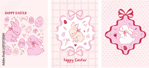 Girly retro Easter vertical banners with rabbits and pink spring flowers. Vintage hand-drawn design.