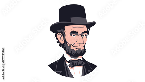 Illustration of Abraham Lincoln wearing a black top hat and bow tie.