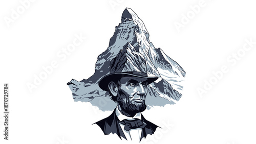 Surreal illustration of a man wearing a mountain-shaped hat with a snowy peak.