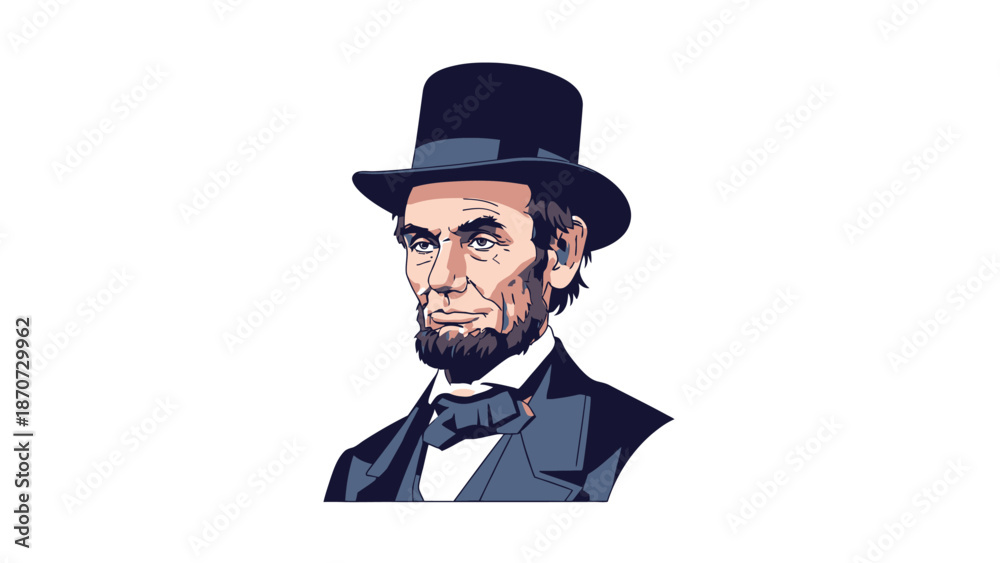 Obraz premium Illustration of a historical man wearing a black top hat and suit with a bow tie.