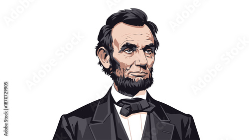 Illustration of Abraham Lincoln in formal attire with beard and bow tie.