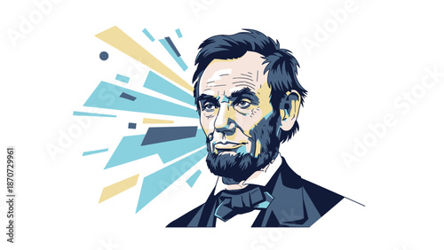 Stylized digital illustration of Abraham Lincoln with abstract geometric background.