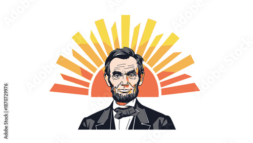 Illustration of Abraham Lincoln with stylized sunburst background.