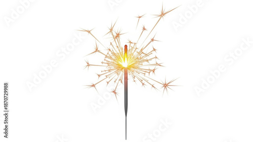 A single lit sparkler with bright yellow and orange sparks flying out in all directions on a white background for celebrations