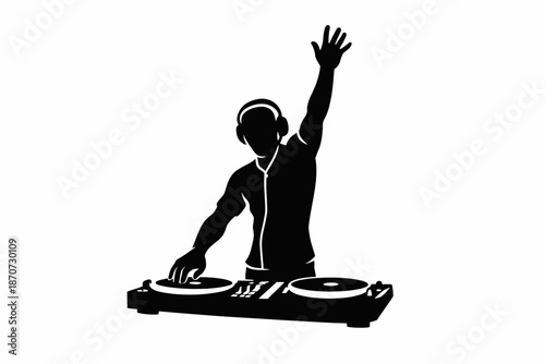 Black Silhouette of Energetic DJ Scratching Turntables with Raised Hand