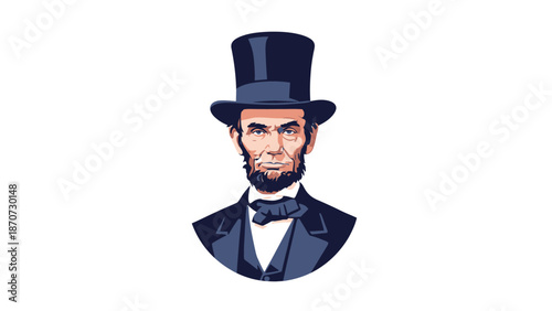Illustration of Abraham Lincoln wearing a black top hat and formal suit.