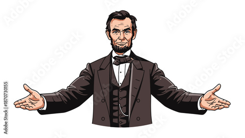 Illustration of Abraham Lincoln with open arms welcoming gesture.
