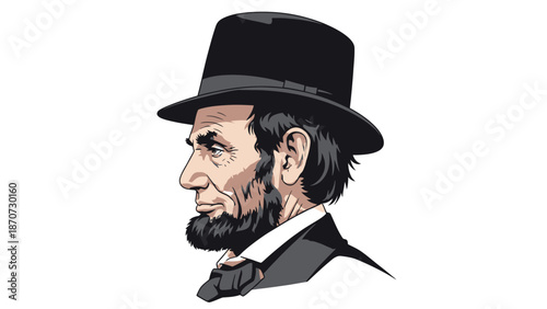 Illustration of a historical man with a beard and a hat in profile.