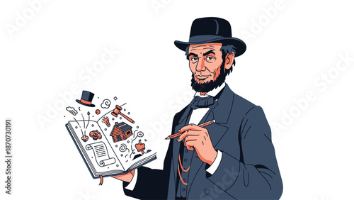 Illustration of a man in vintage attire holding a book with magical symbols.