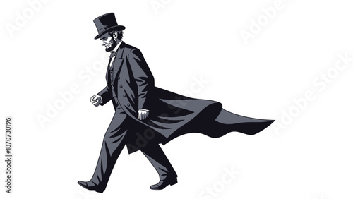 Vintage illustration of a man walking in formal attire with a top hat and long coat.