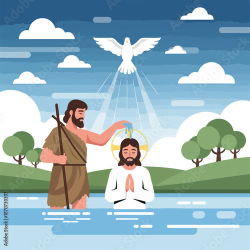 Baptism of Christ with John the Baptist performing sacred ritual in river, symbolizing faith. Baptism of Christ with divine presence, dove representing Holy Spirit, invites reflection and belief.