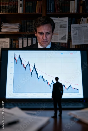 Worried investor analyzing falling stock market chart on large screen