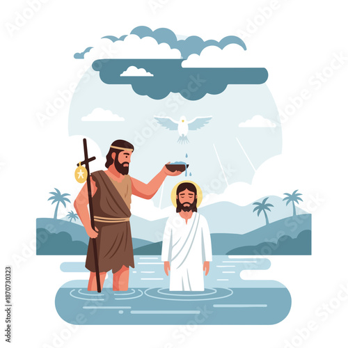 Baptism of Christ featuring John the Baptist pouring water on Jesus in a serene setting. Scene depicts disciples of Christ witnessing this significant moment.