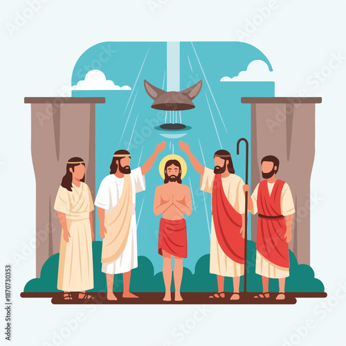 Disciples of Christ at baptism of Christ scene with witnesses gathered around, including John the Baptist and apostles. New Testament story depicts significant moment in faith,