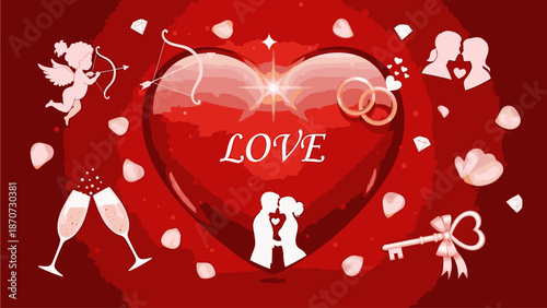 Digital illustration of a red heart with love-themed icons and silhouettes for Happy Valentine's Day against a romantic background.