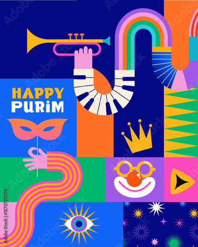 Happy Purim, poster with geometric carnival elements