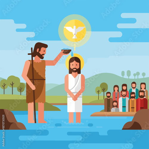 Baptism of Christ by John the Baptist with disciples witnessing in serene landscape. Baptism of Christ includes heavenly light and dove, with apostles observing the sacred moment.