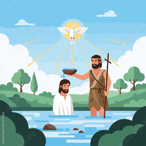 Baptism of Christ depicted in serene water scene with John the Baptist, who performs the baptism while witnessing the holy dove.