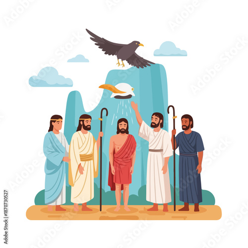 Baptism of Christ scene with disciples and John the Baptist witnessing sacred event. Disciples of Christ display reverence while observing baptism of Christ under divine presence.
