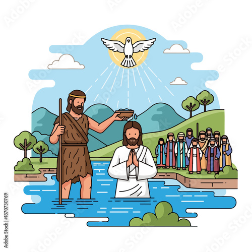 Baptism of Christ in river with John the Baptist witnessing and disciples observing the moment. Disciples of Christ and witnesses of Christ gather in serene landscape, depicting scene from the Bible.