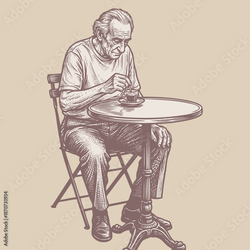 An elderly man sits alone at a cafe table, stirring his coffee. Hand-drawn vector illustration in a vintage engraving style. Concept of loneliness or retirement.