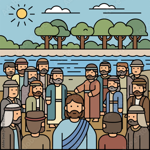 Scene from Bible with disciples of Christ gathering around the river, while John the Baptist addresses witnesses of Christ among apostles. A vibrant New Testament moment capturing faith and community.