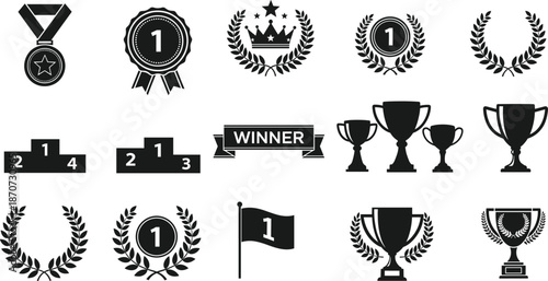 Winner award and trophy icon set with medals, laurel wreaths, rankings and championship symbols vector