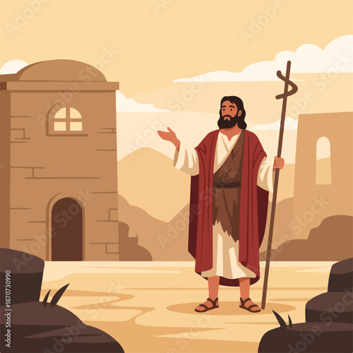 Disciples of Christ in scene from the Bible, depicting apostles and witnesses of Christ in arid landscape with mountains and ancient structures.