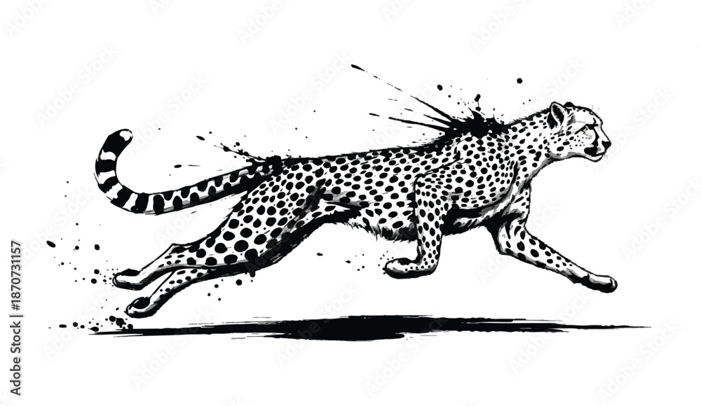 Naklejka premium Vector ink brush painting of a black cheetah in motion. Bold, expressive brushstrokes capture the animal’s speed, grace, and wild energy in a traditional sumi-e style